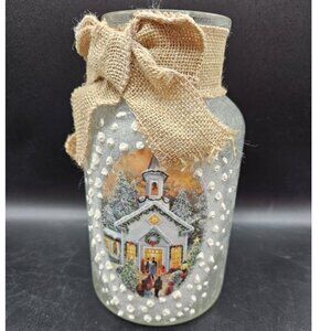 Church Winter Christmas Scene Frosted Glass Mason Jar Candleholder Country Rodeo